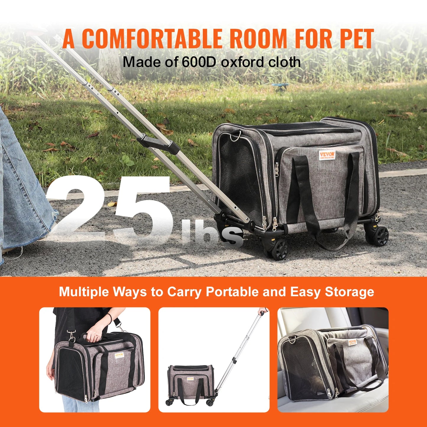 Pet Cat Carrier Breathable Outgoing Dog Carry Backpack with Telescopic Handle Wheels and Shoulder Strap for Travel Trip
