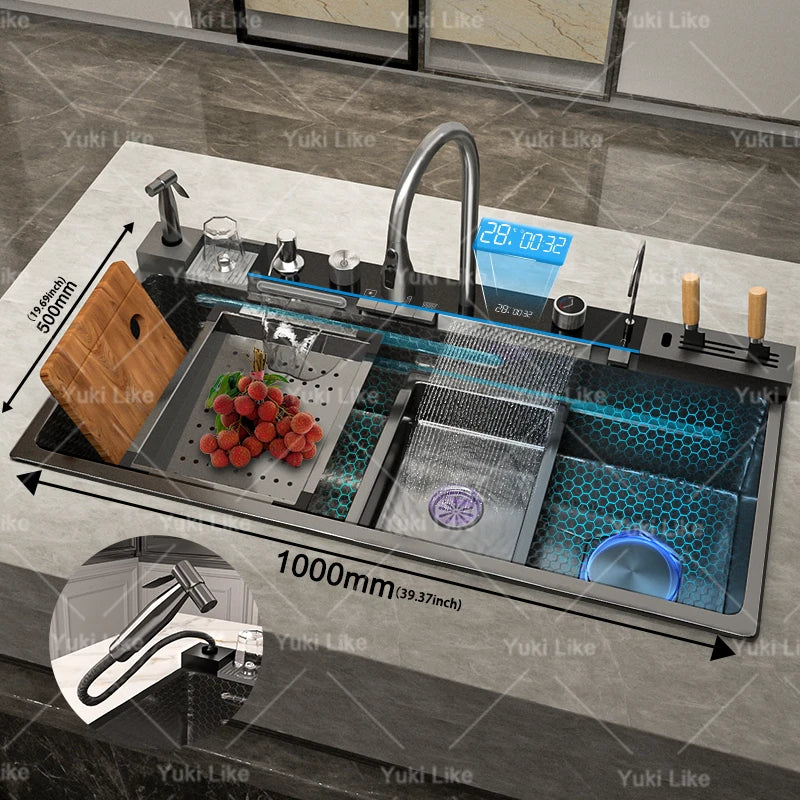 Stainless Steel Waterfall Kitchen Sink Extra Large Single Slot Digital Display Faucet Set Cup Washer Wash Basin 100*50cm