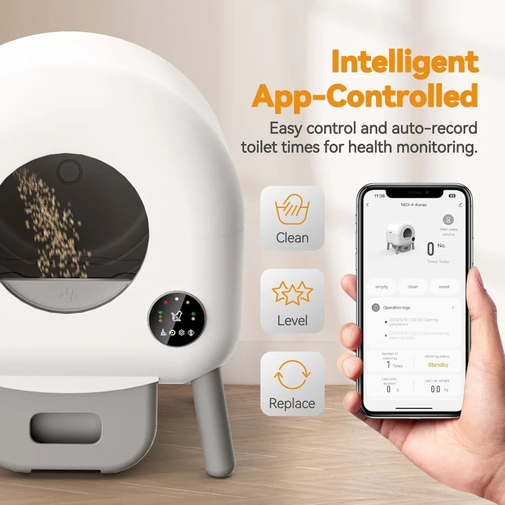 Cleaning Litter Box, Automatic Cat Litter Box for Multiple Cats, App Control and Safety Protection, 1 Roll Litter Bags