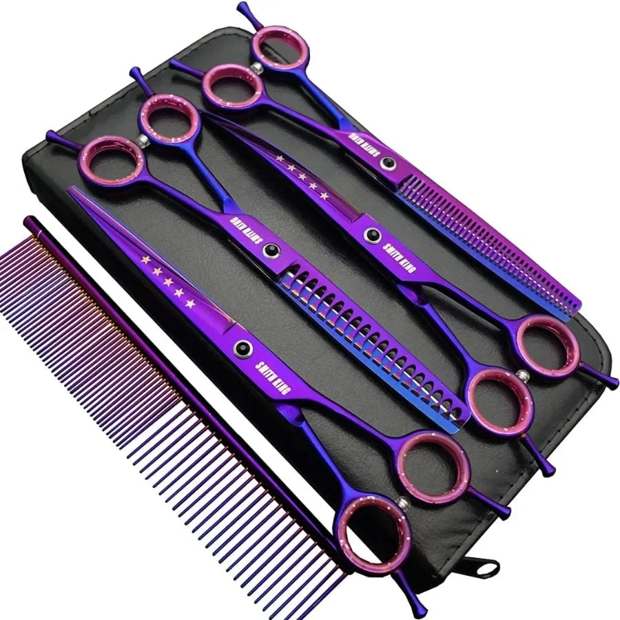 7.0 inches Professional Dog Grooming Scissors Set Straight thinning Curved chunkers comb 5pcs in 1 Set for lefthanded right han