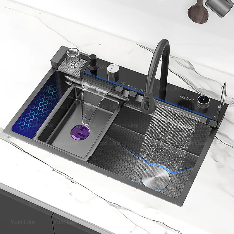 Stainless Steel Waterfall Kitchen Sink Extra Large Single Slot Digital Display Faucet Set Cup Washer Wash Basin 100*50cm