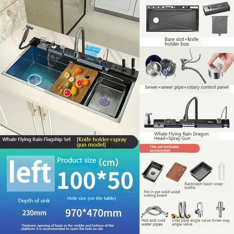 Stainless Steel Waterfall Kitchen Sink Extra Large Single Slot Digital Display Faucet Set Cup Washer Wash Basin 100*50cm