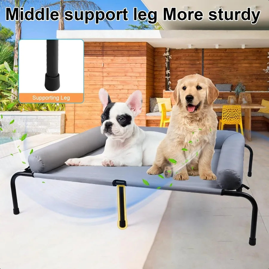 Large Elevated Dog Bed with Pillows Outdoor Cooling Raised Pet Bed with Bolster Indestructible Chew Proof Dog Cot with Breathab