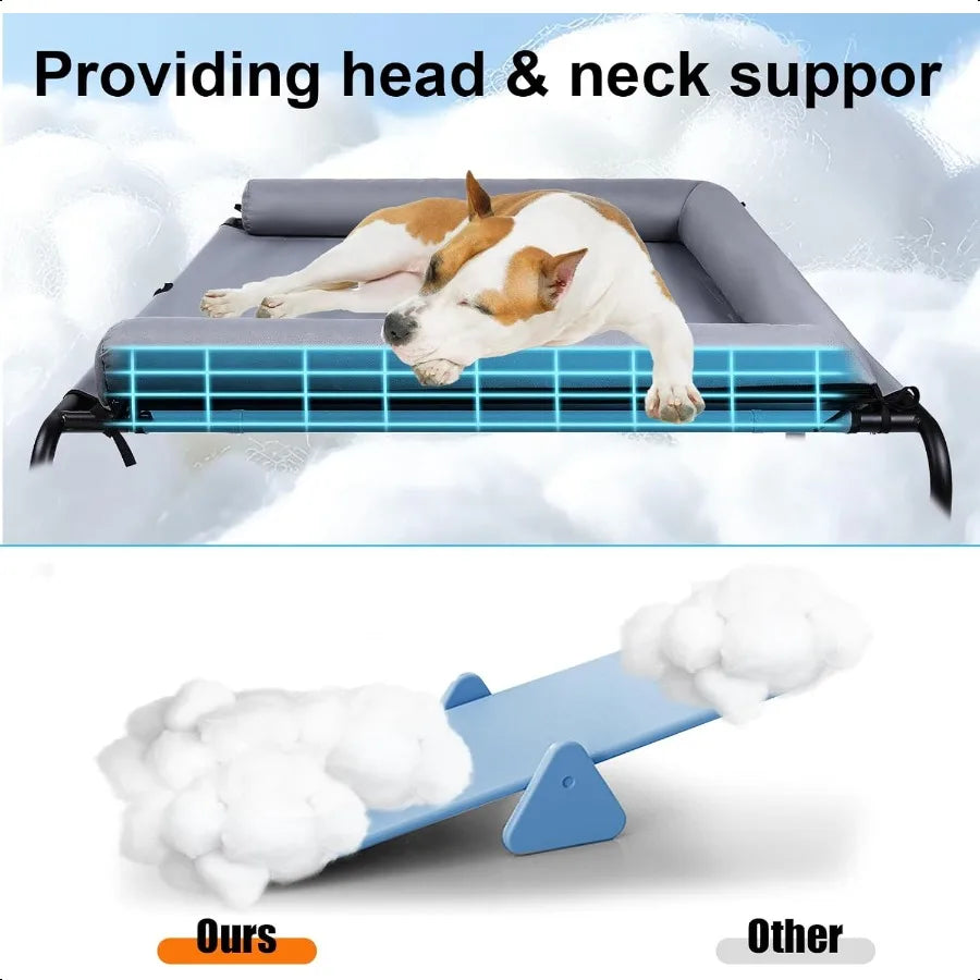 Large Elevated Dog Bed with Pillows Outdoor Cooling Raised Pet Bed with Bolster Indestructible Chew Proof Dog Cot with Breathab