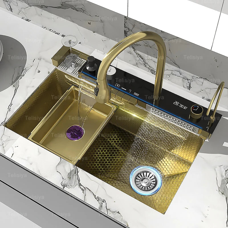 Stainless Steel Waterfall Kitchen Sink Extra Large Single Slot Digital Display Faucet Set Cup Washer Wash Basin 100*50cm