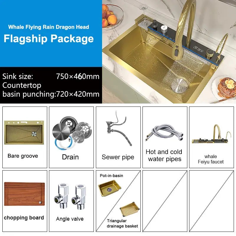 Stainless Steel Waterfall Kitchen Sink Extra Large Single Slot Digital Display Faucet Set Cup Washer Wash Basin 100*50cm