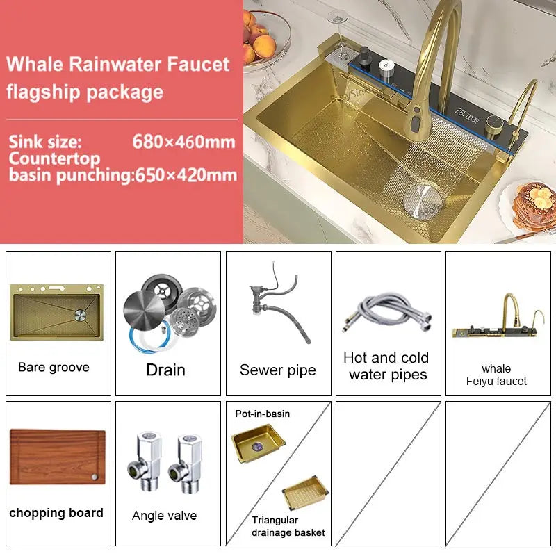 Stainless Steel Waterfall Kitchen Sink Extra Large Single Slot Digital Display Faucet Set Cup Washer Wash Basin 100*50cm