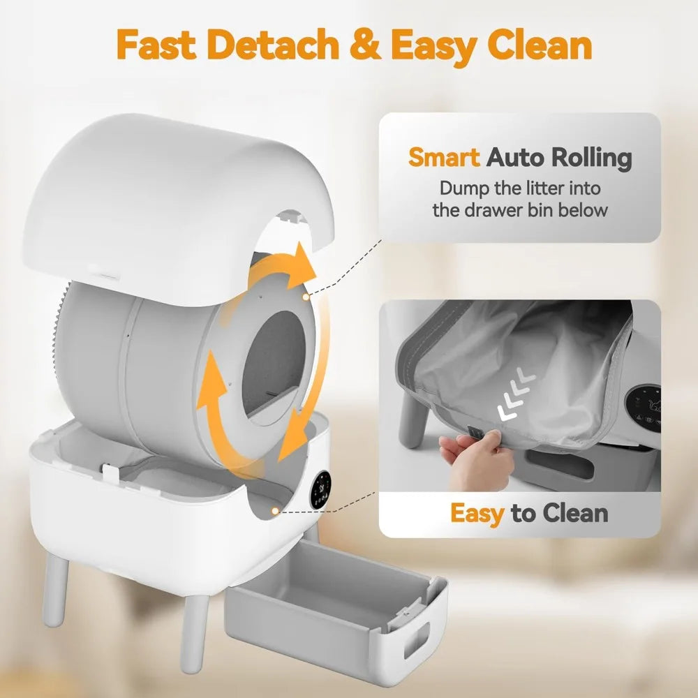 Cleaning Litter Box, Automatic Cat Litter Box for Multiple Cats, App Control and Safety Protection, 1 Roll Litter Bags