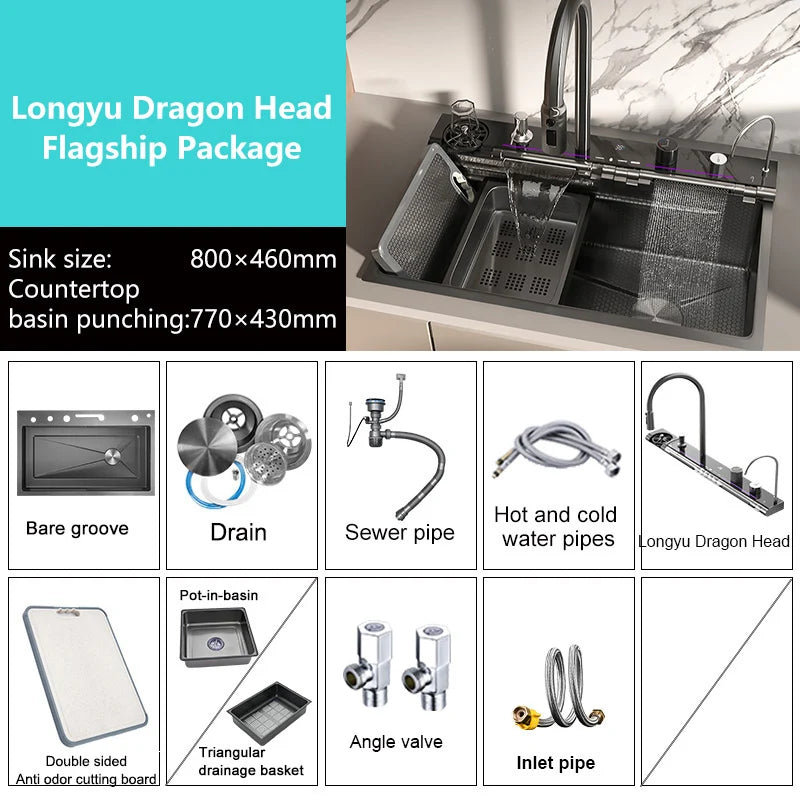 Stainless Steel Waterfall Kitchen Sink Extra Large Single Slot Digital Display Faucet Set Cup Washer Wash Basin 100*50cm