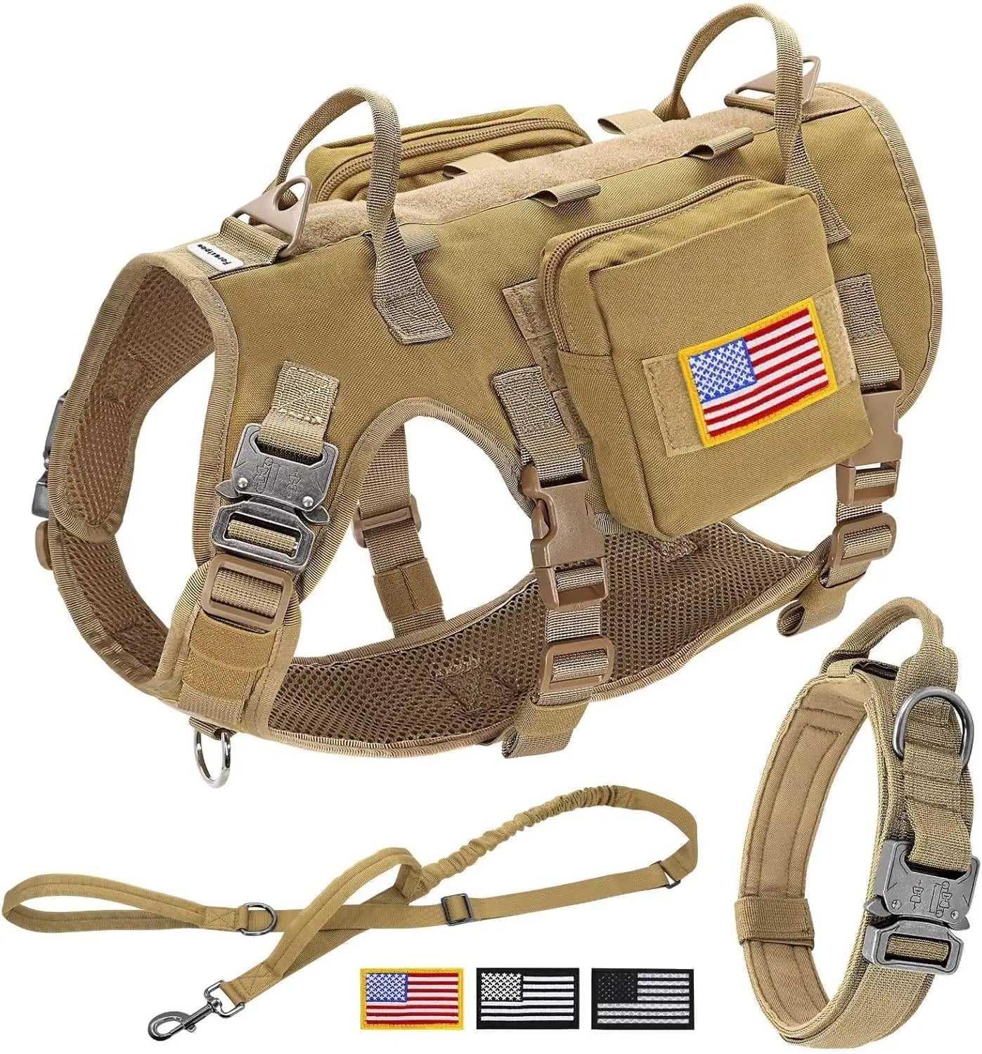 Tactical Dog Harness Set with Bungee Leash, Adjustable for Medium to Large Dogs, No-Pull Control, Khaki Color