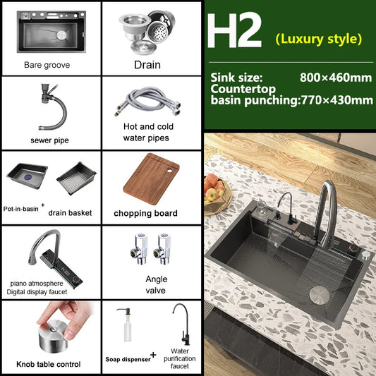 Stainless Steel Waterfall Kitchen Sink Extra Large Single Slot Digital Display Faucet Set Cup Washer Wash Basin 100*50cm