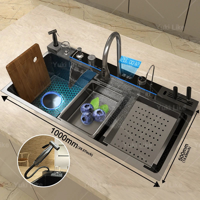 Stainless Steel Waterfall Kitchen Sink Extra Large Single Slot Digital Display Faucet Set Cup Washer Wash Basin 100*50cm