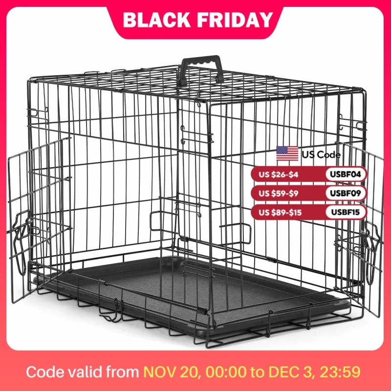 JHK Double Door Folding Metal Wire Dog Cage with Plastic Leak-Proof Pan Tray Extra Large Pet Kennel for Indoor Outdoor Travel