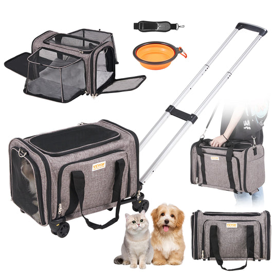 Pet Cat Carrier Breathable Outgoing Dog Carry Backpack with Telescopic Handle Wheels and Shoulder Strap for Travel Trip