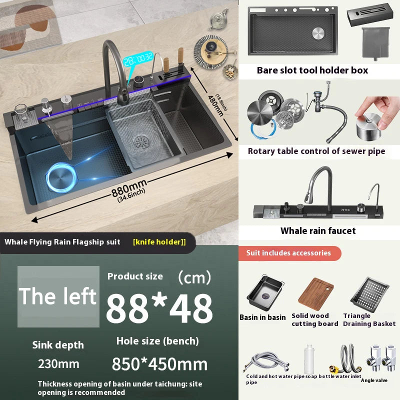 Stainless Steel Waterfall Kitchen Sink Extra Large Single Slot Digital Display Faucet Set Cup Washer Wash Basin 100*50cm