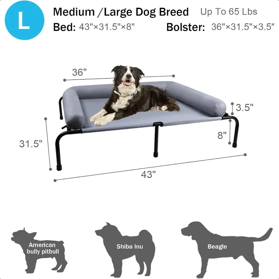 Large Elevated Dog Bed with Pillows Outdoor Cooling Raised Pet Bed with Bolster Indestructible Chew Proof Dog Cot with Breathab
