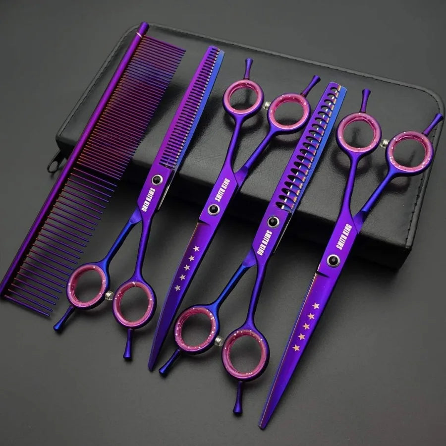 7.0 inches Professional Dog Grooming Scissors Set Straight thinning Curved chunkers comb 5pcs in 1 Set for lefthanded right han